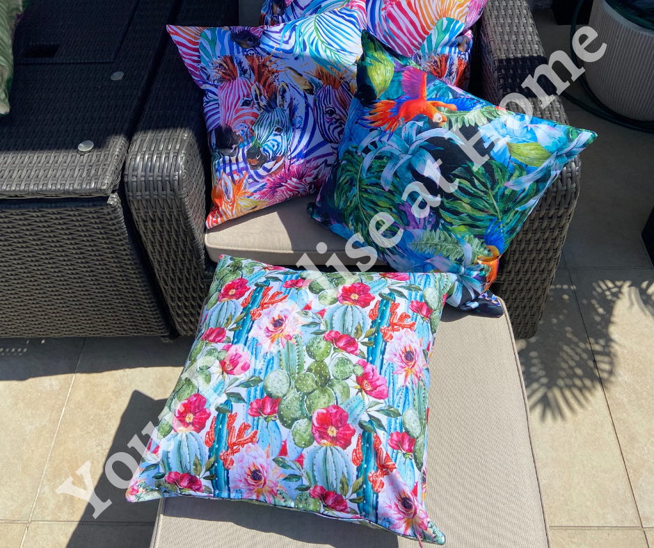 Outdoor weatherproof cushion, in a vibrant cactus design print.