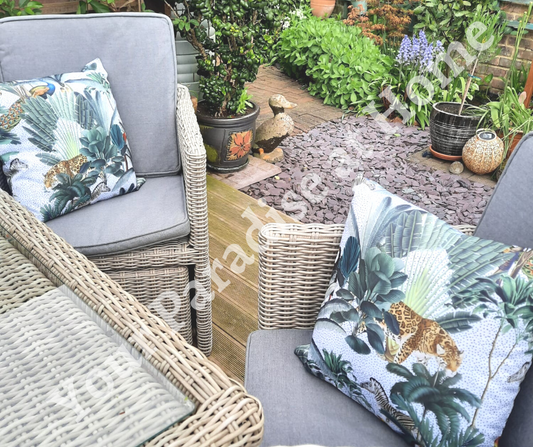 Outdoor weatherproof cushion for the garden. Made with jungle style Congo print fabric. Water resistant and UV resistant, zipped and washable cushion cover.