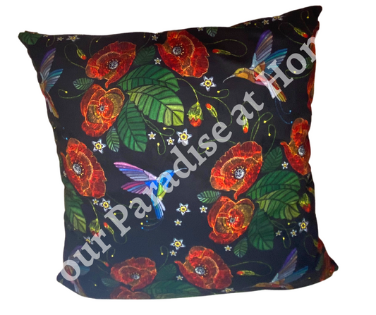 Hummingbirds & Poppies Velvet Cushion