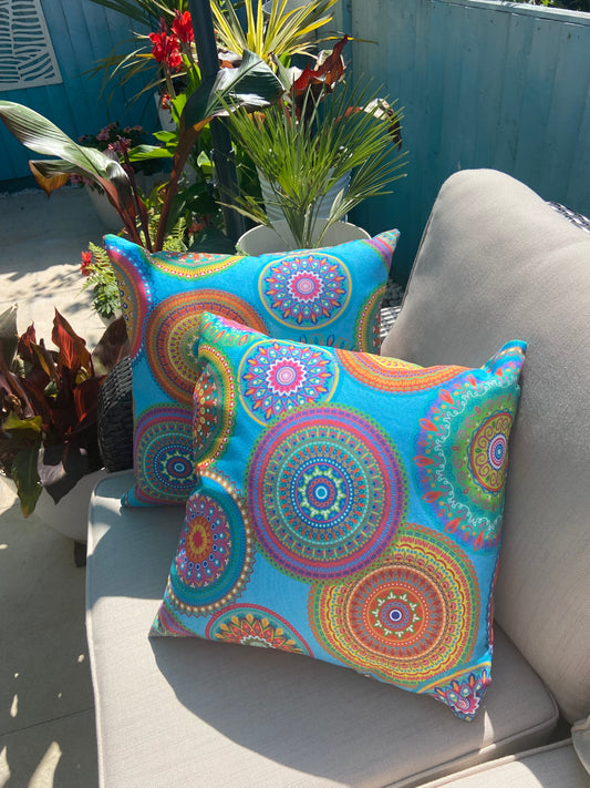 Turquoise Mandalas outdoor cushion for your garden to add vibrant colours. Weatherproof fabric is water resistant and UV resistant. Cushion covers are zipped and washable.