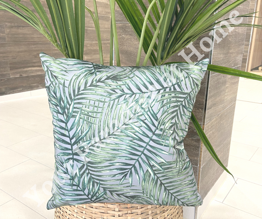 Palm Leaves on Dove Grey Outdoor Cushion
