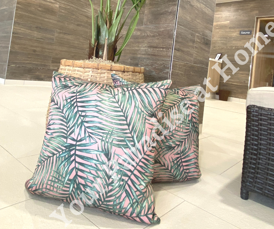 Palm Leaves on Blush Pink Outdoor Cushion Cover