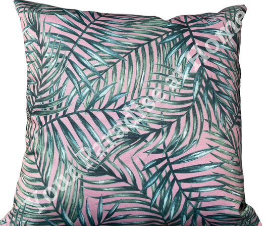 Palm leaves on blush pink background outdoor cushion for your garden. Weatherproof fabric is water resistant and UV resistant. Cushion covers are zipped and washable.