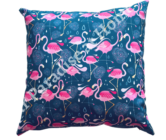 Pink Flamingos outdoor cushion for your garden. Weatherproof fabric is water resistant and UV resistant. Cushion covers are zipped and washable