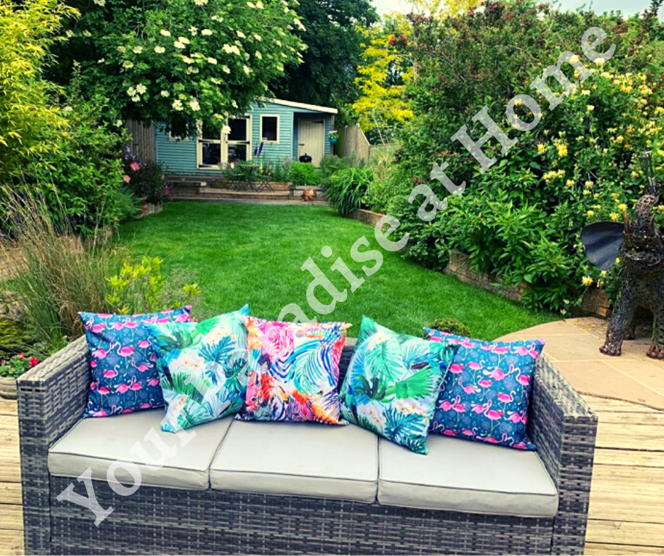 Pink Flamingos outdoor cushion for your garden. Weatherproof fabric is water resistant and UV resistant. Cushion covers are zipped and washable