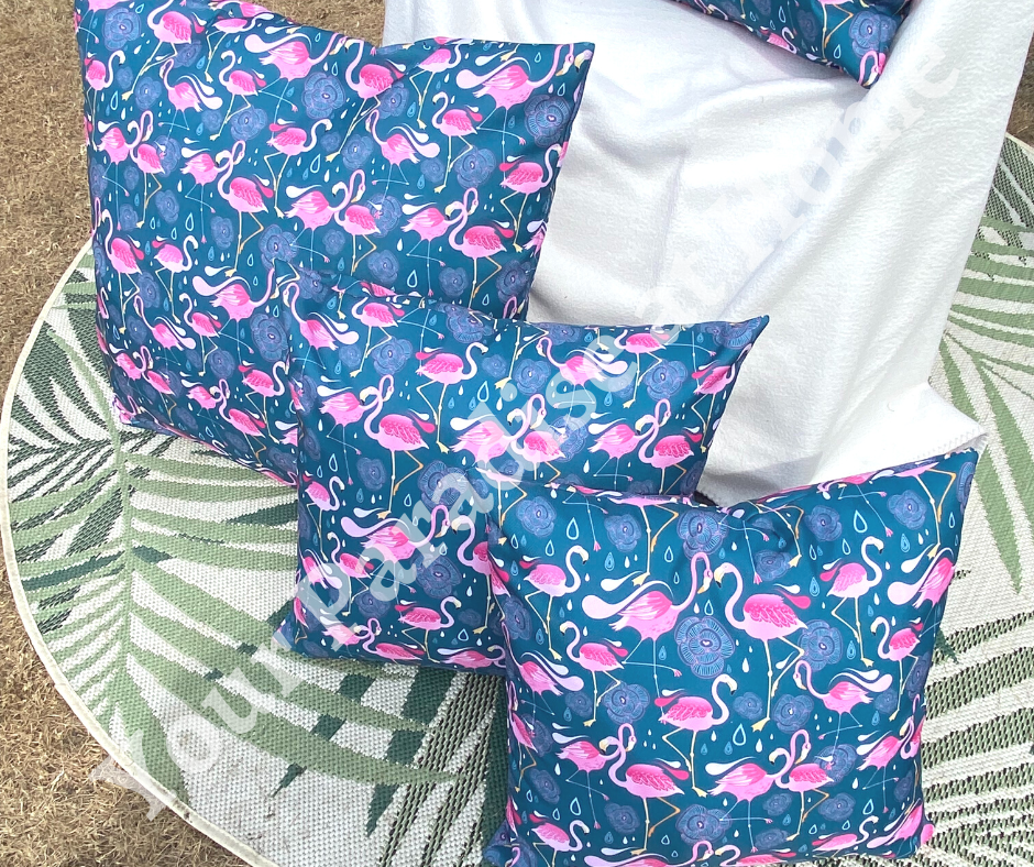 Pink Flamingos outdoor cushion for your garden. Weatherproof fabric is water resistant and UV resistant. Cushion covers are zipped and washable