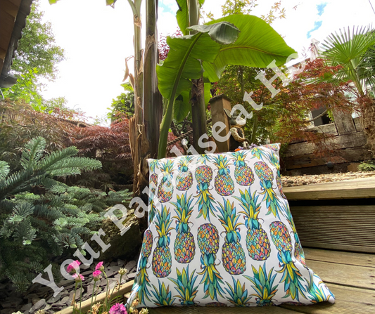 Rainbow pineapples outdoor cushion for your garden. Weatherproof fabric is water resistant and UV resistant. Cushion covers are zipped and washable