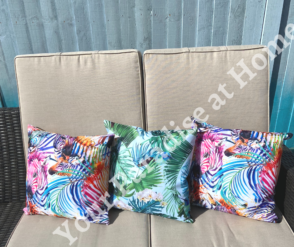 Rainbow zebras outdoor cushion for your garden. Weatherproof fabric is water resistant and UV resistant. Cushion covers are zipped and washable