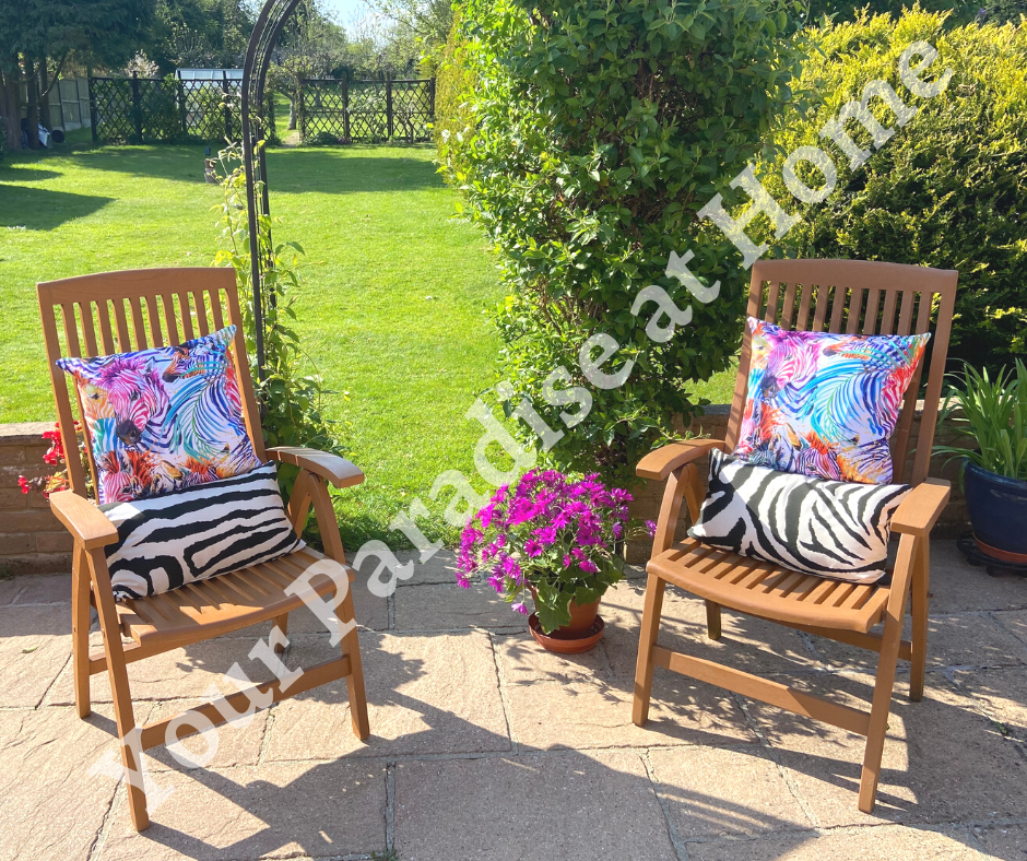 Rainbow zebras outdoor cushion for your garden. Weatherproof fabric is water resistant and UV resistant. Cushion covers are zipped and washable