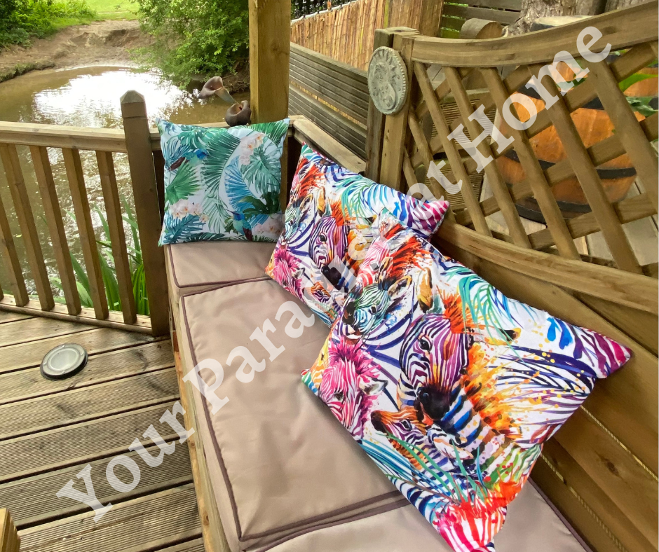 Rainbow zebras outdoor cushion for your garden. Weatherproof fabric is water resistant and UV resistant. Cushion covers are zipped and washable