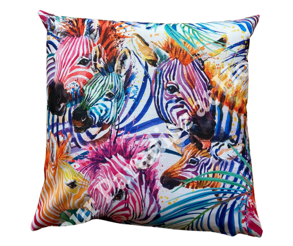 Rainbow zebras outdoor cushion for your garden. Weatherproof fabric is water resistant and UV resistant. Cushion covers are zipped and washable