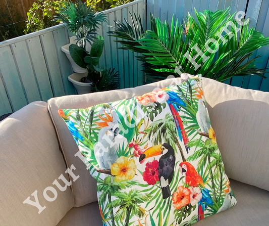 Toucans outdoor cushion for your garden to add a tropical look. Weatherproof fabric is water resistant and UV resistant. Cushion covers are zipped and washable