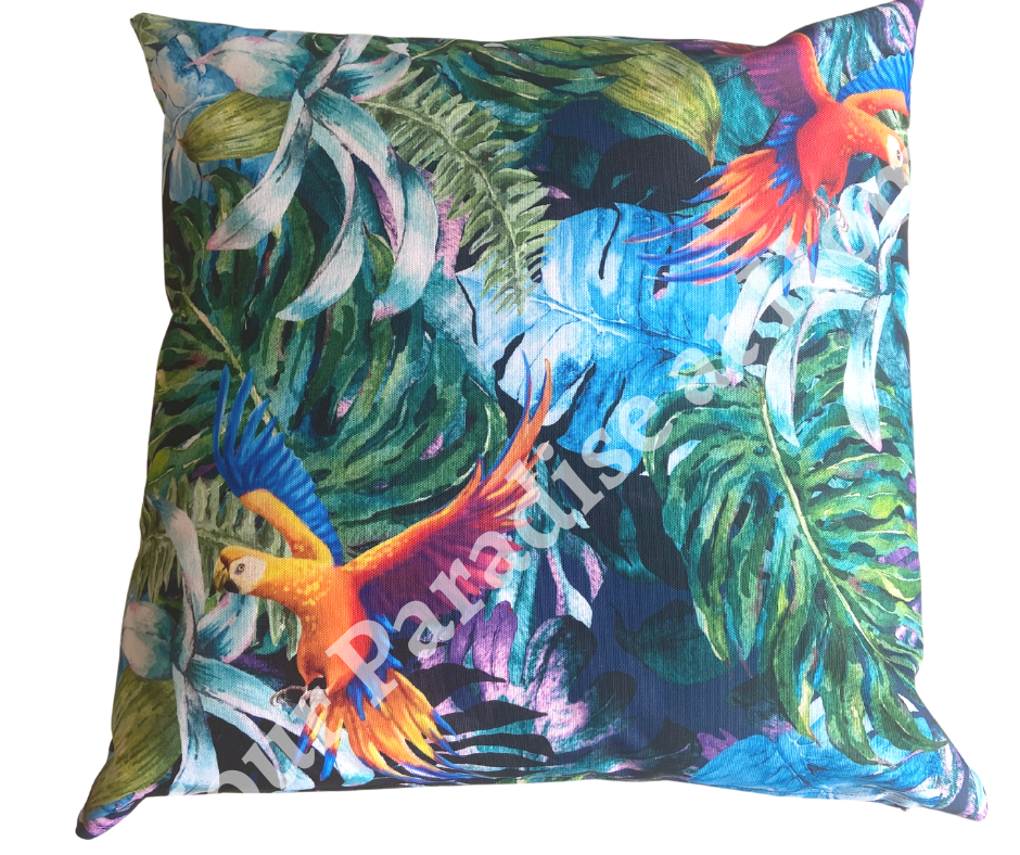 Tropical Cockatoos outdoor cushion for your garden to add an exotic look. Weatherproof fabric is water resistant and UV resistant. Cushion covers are zipped and washable.