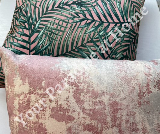 Blush Pink Velvet and Palm Leaves Cushion Cover
