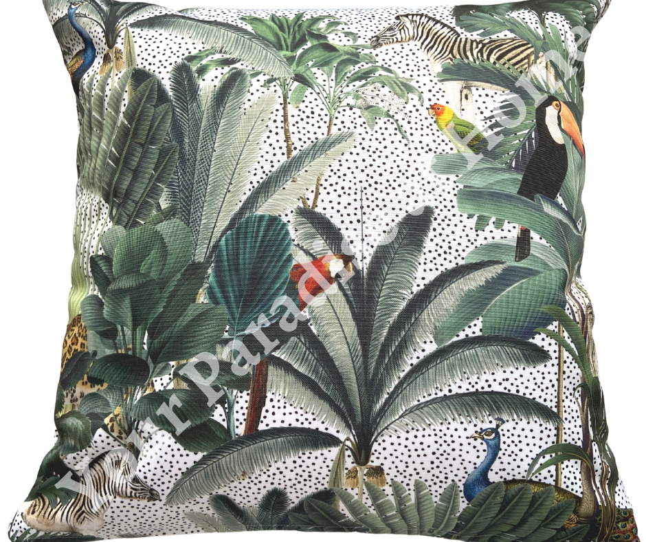 Outdoor weatherproof cushion for the garden. Made with jungle style Congo print fabric. Water resistant and UV resistant, zipped and washable cushion cover.