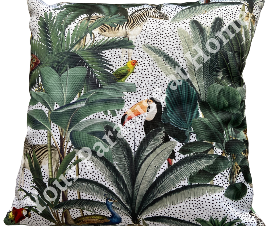 Outdoor weatherproof cushion for the garden. Made with jungle style Congo print fabric. Water resistant and UV resistant, zipped and washable cushion cover.