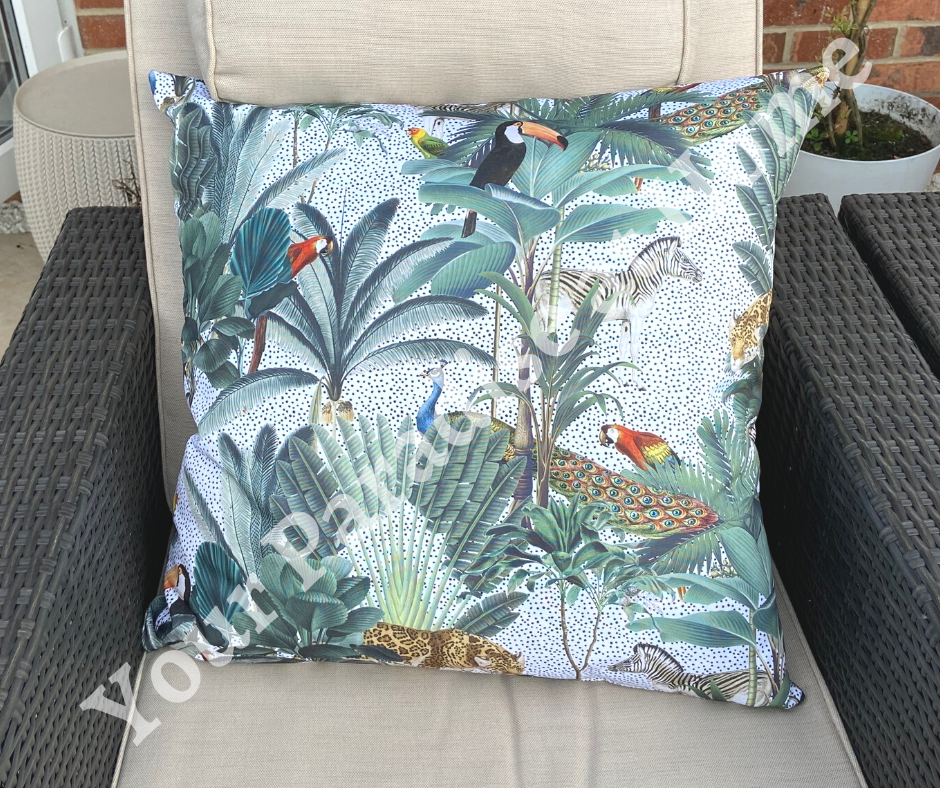 Outdoor weatherproof cushion for the garden. Made with jungle style Congo print fabric. Water resistant and UV resistant, zipped and washable cushion cover.