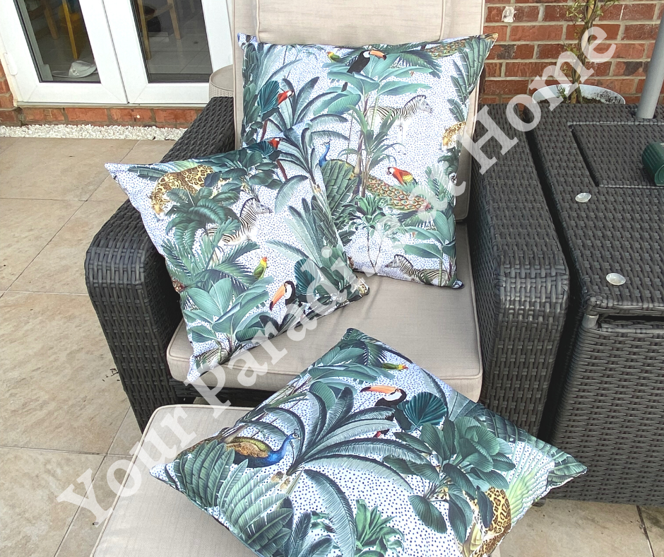 Outdoor weatherproof cushion for the garden. Made with jungle style Congo print fabric. Water resistant and UV resistant, zipped and washable cushion cover.