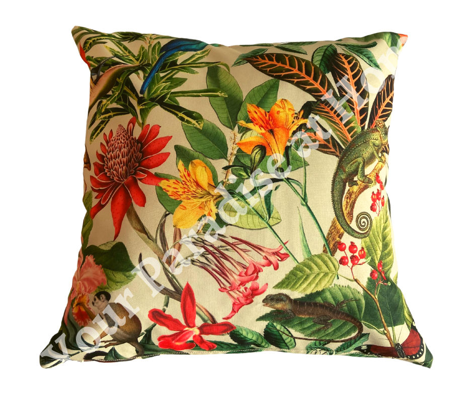 Lima Jungle design outdoor cushion for your garden. Weatherproof fabric is water resistant and UV resistant. Cushion covers are zipped and washable.