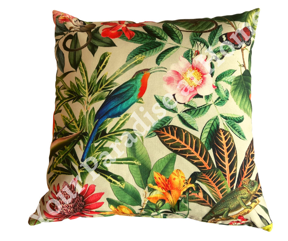 Lima Jungle design outdoor cushion for your garden. Weatherproof fabric is water resistant and UV resistant. Cushion covers are zipped and washable.