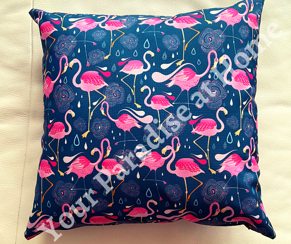 Pink Flamingos outdoor cushion for your garden. Weatherproof fabric is water resistant and UV resistant. Cushion covers are zipped and washable