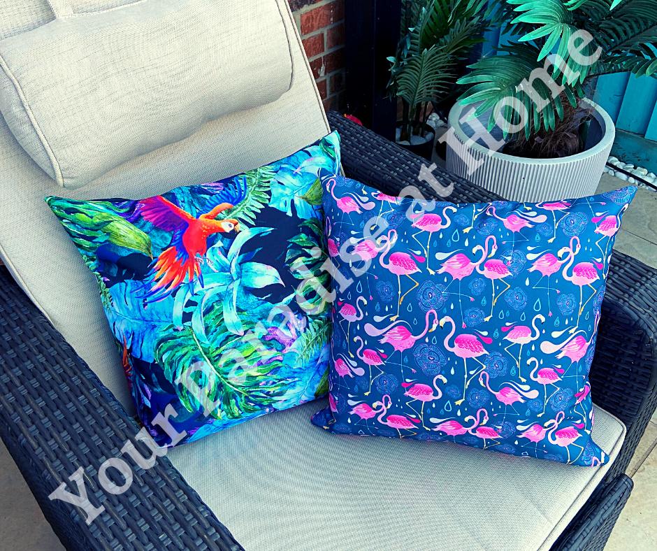 Pink Flamingos outdoor cushion for your garden. Weatherproof fabric is water resistant and UV resistant. Cushion covers are zipped and washable