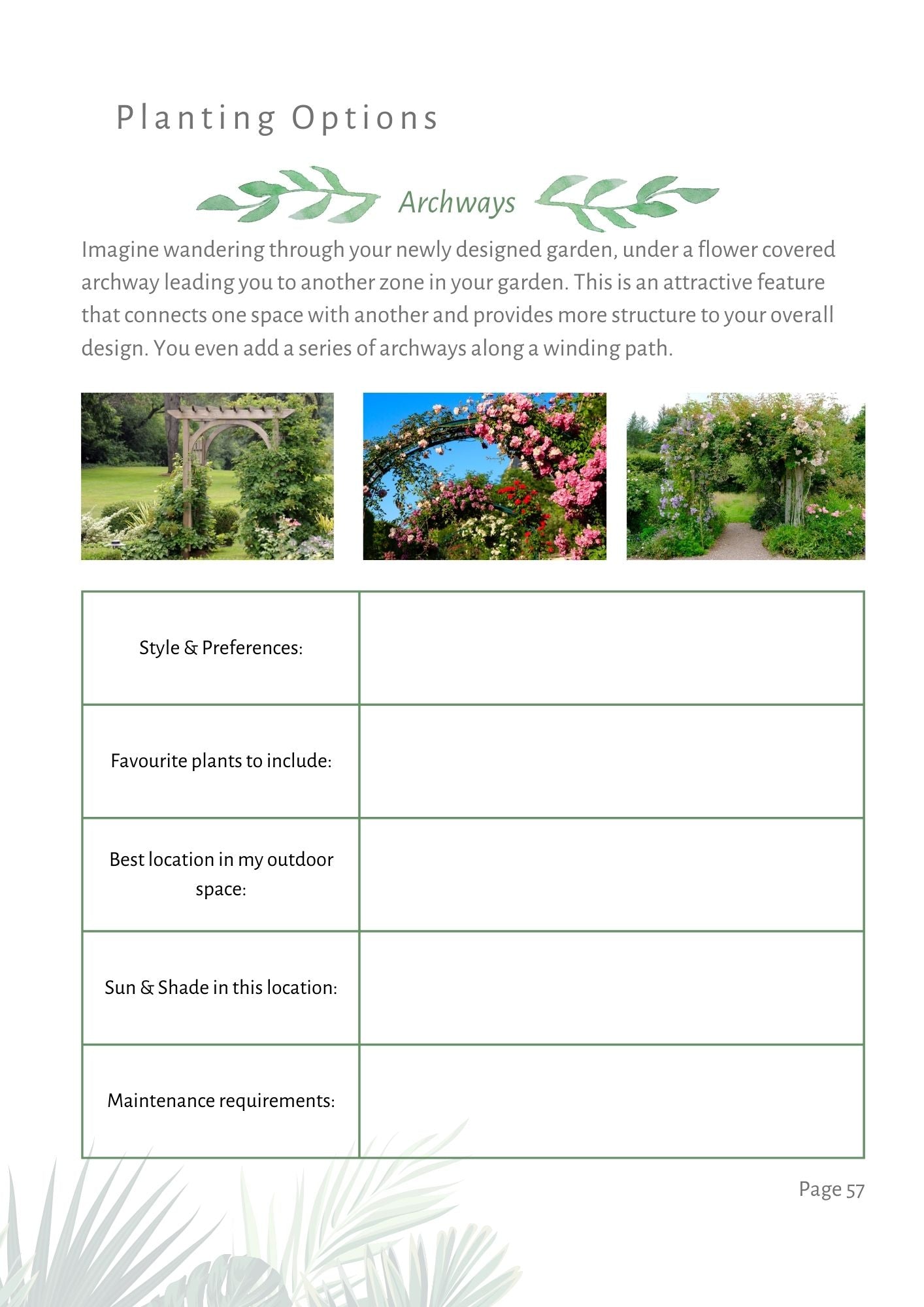 garden design workbook and templates including guidance for a variety of planting options such as archways, trellis, garden borders, pots, containers, planters, hanging baskets and living garden walls for vertical gardening