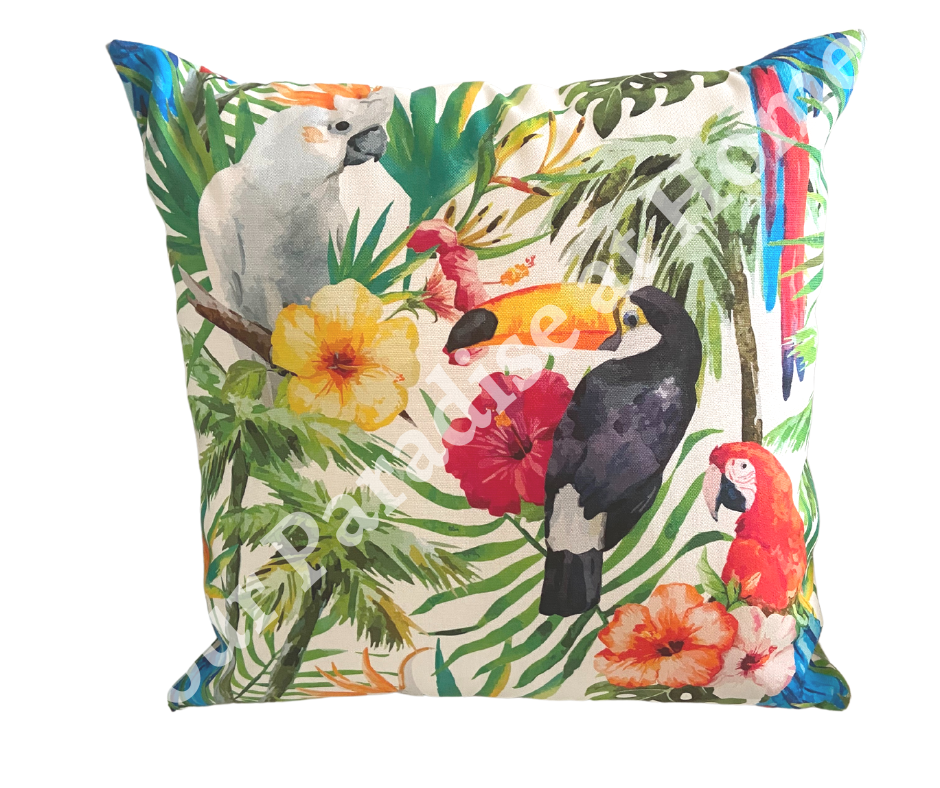 Toucans outdoor cushion for your garden to add a tropical look. Weatherproof fabric is water resistant and UV resistant. Cushion covers are zipped and washabl