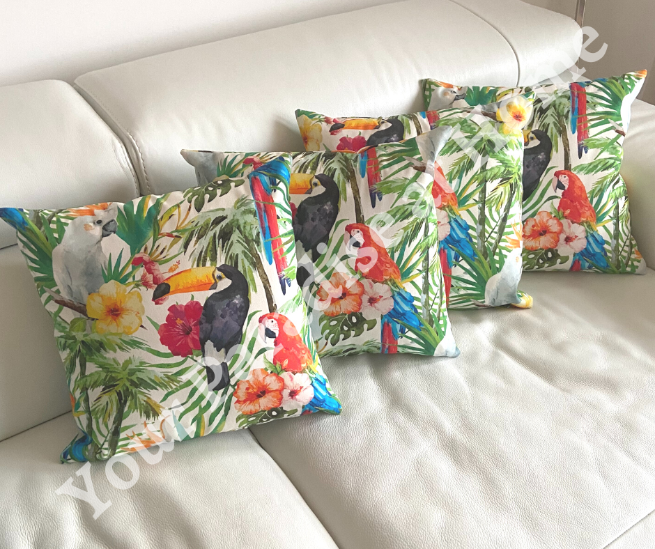 Toucans outdoor cushion for your garden to add a tropical look. Weatherproof fabric is water resistant and UV resistant. Cushion covers are zipped and washabl