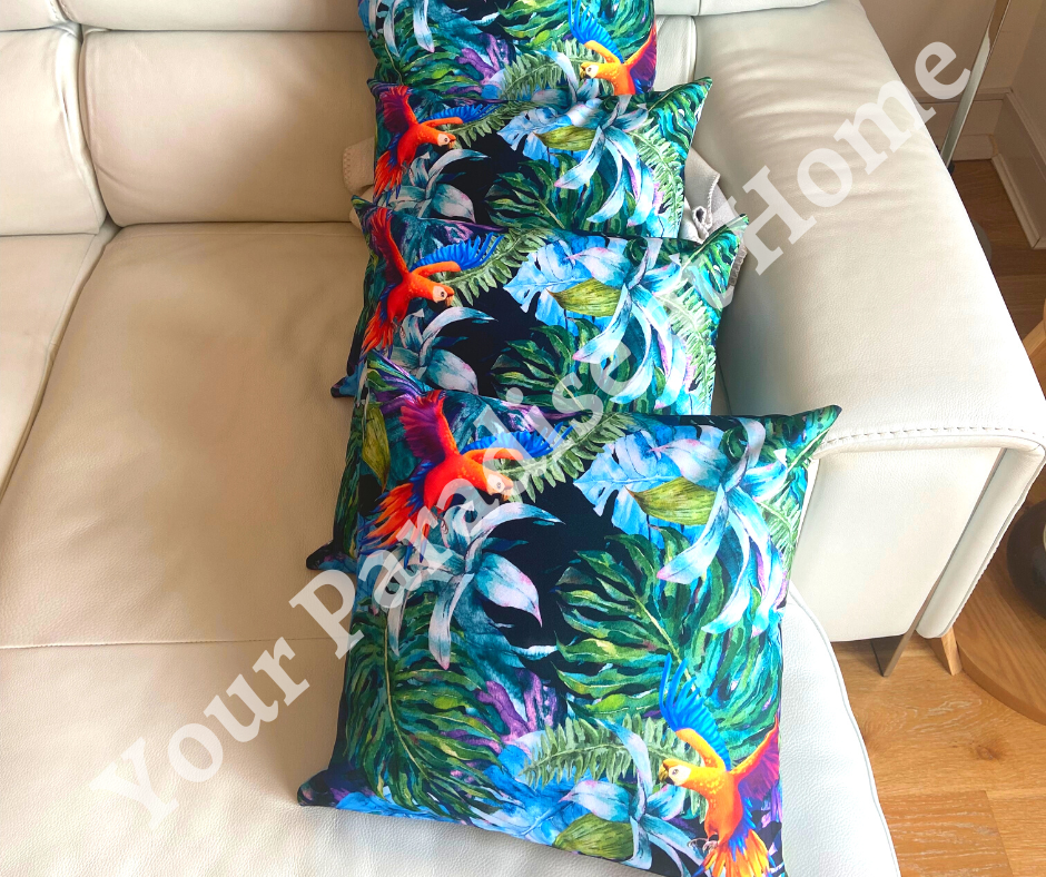 Tropical Cockatoos outdoor cushion for your garden to add an exotic look. Weatherproof fabric is water resistant and UV resistant. Cushion covers are zipped and washable.