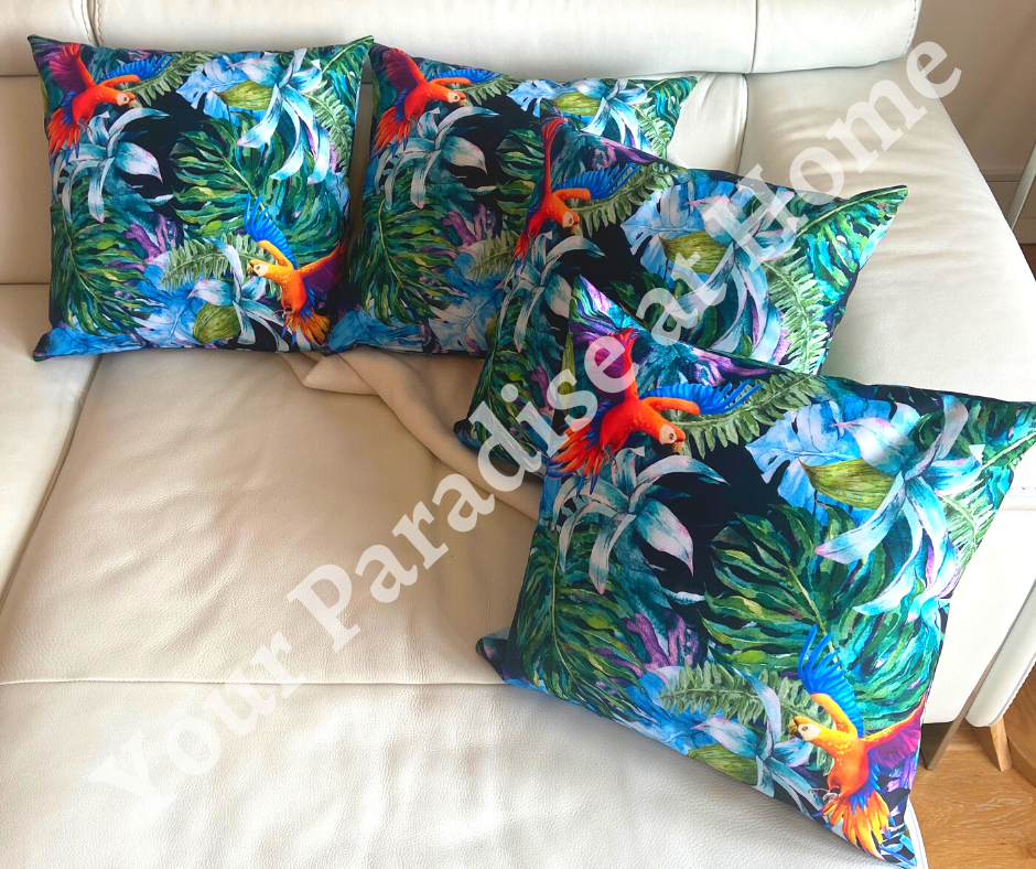 Tropical Cockatoos outdoor cushion for your garden to add an exotic look. Weatherproof fabric is water resistant and UV resistant. Cushion covers are zipped and washable.