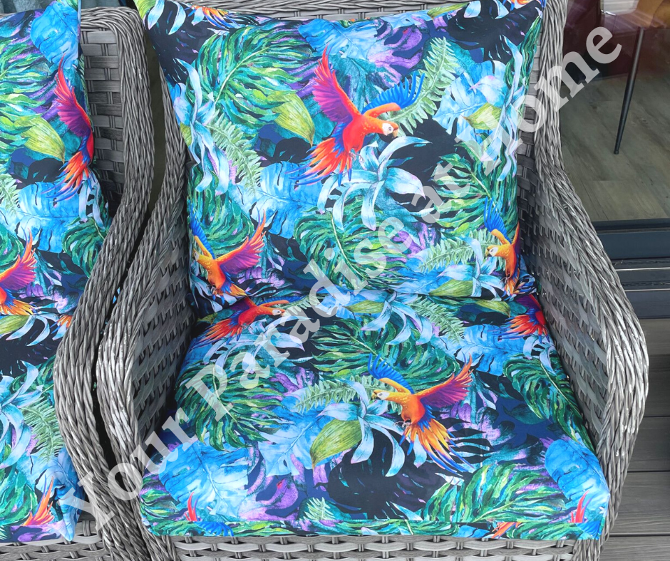 Tropical Cockatoos outdoor cushion for your garden to add an exotic look. Weatherproof fabric is water resistant and UV resistant. Cushion covers are zipped and washable.
