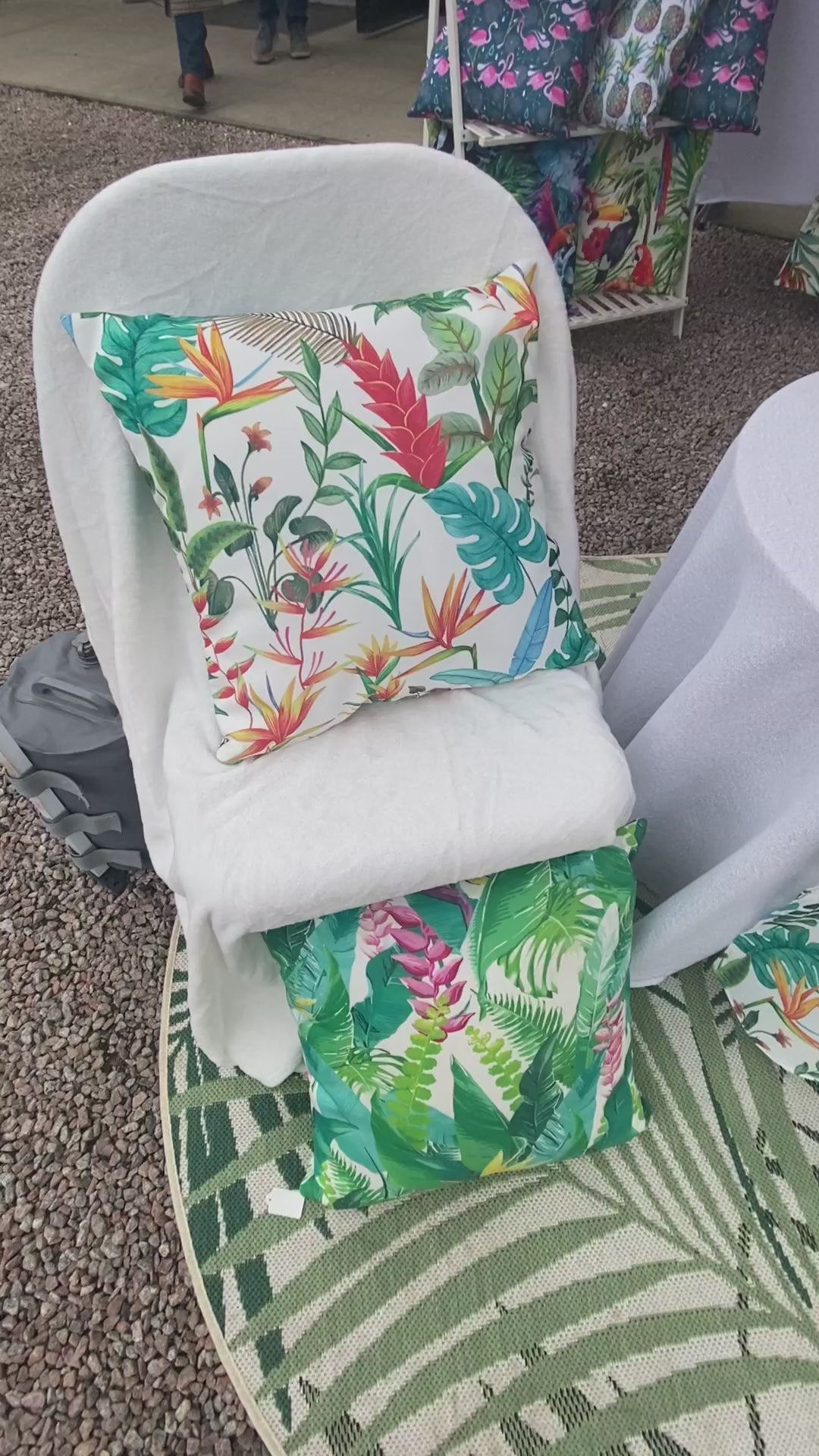 White Heliconia table runner with exotic flower design.  Weatherproof fabric  perfect for indoor or outdoor entertaining